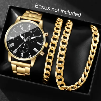 Ensemble montre à quartz avec chiffres romains, collier et bracelet pour homme